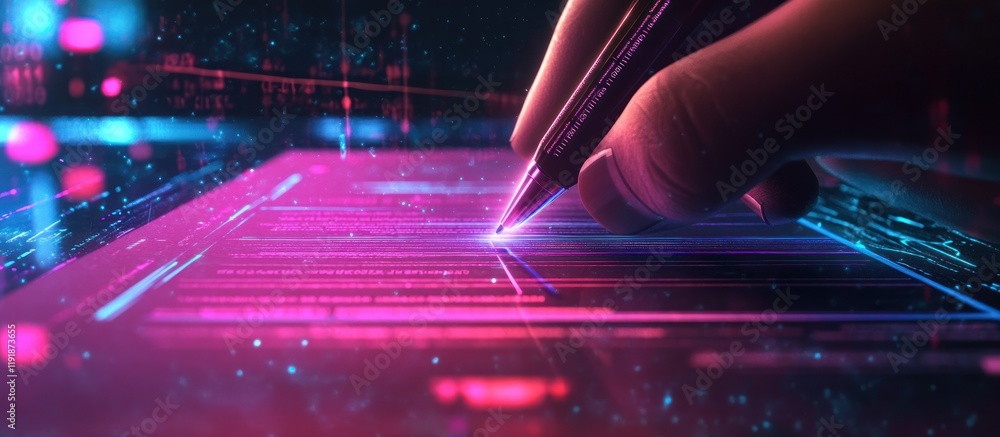 Poster hand using stylus on digital tablet with glowing lines.