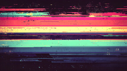 Retro pixel glitch art with bright horizontal lines in vibrant colors. This abstract design features mix of pink, blue, and yellow hues, creating dynamic visual experience