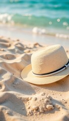 Straw Hat with Black Ribbon on Sandy Beach by Ocean Shoreline.Escape. Simplicity. The Timeless Charm of Coastal Relaxation.Travel Banner, Beach Tourism Promotion, Summer Holiday Ad.


