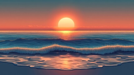 Obraz premium Ocean sunset with waves gently lapping the shore.