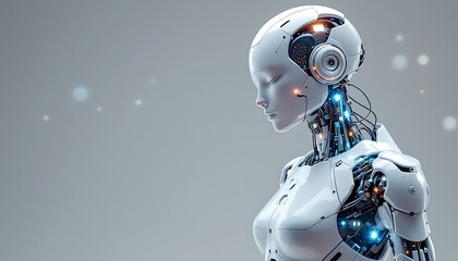 Serene female robot, futuristic design, grey background, AI technology concept