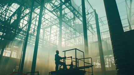 Worker in industrial setting with light beams.