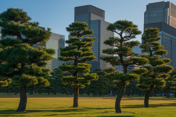 Skyscrapers of the Marunouchi business district in Chiyoda Ward against the background of the Outer gardens of the Imperial Palace on a sunny day, Tokyo, Japan
