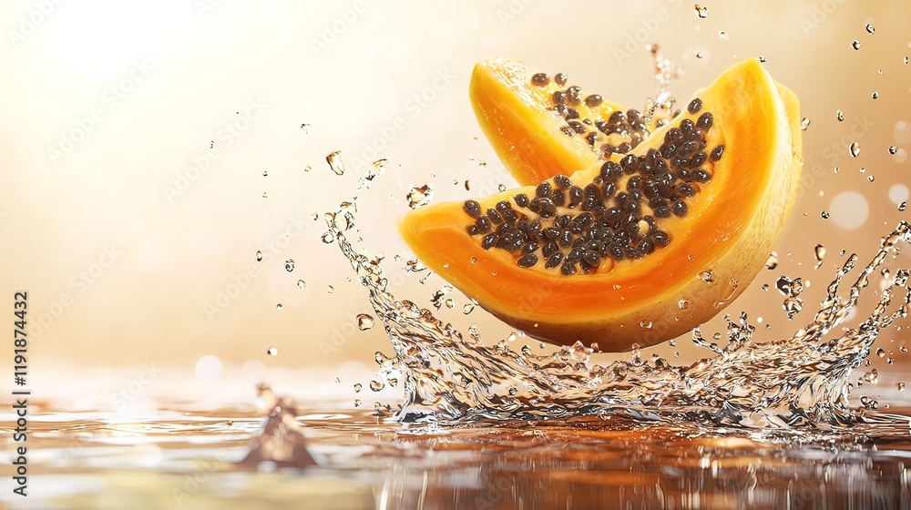 Poster two ripe papaya slices splashing into water, creating a dynamic, refreshing image.