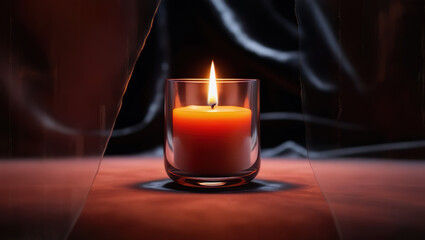an orange candle in a transparent glass holder against a dark velvet background
