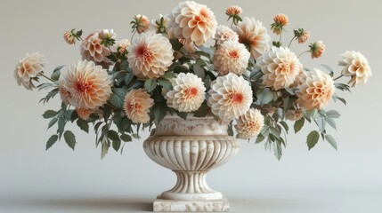 A beautiful arrangement of peach-colored dahlias in a decorative vase.