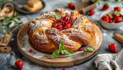 A freshly baked sweet bread ring with a sprinkle of powdered sugar and topped with fresh strawberries and basil leaves.