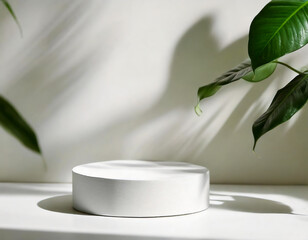 white round podium pedestal mockup for product display, in sunny minimalist room with monstera plants