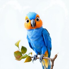 Blue parrot perched on branch, white background, adorable expression.  Use children's book illustration