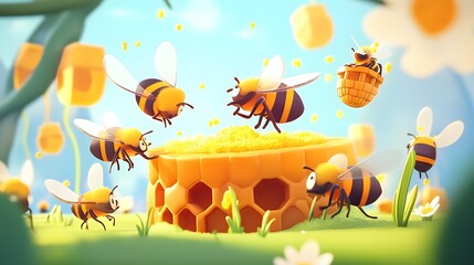 Adorable Cartoon Bees Collecting Honeycomb Pollen