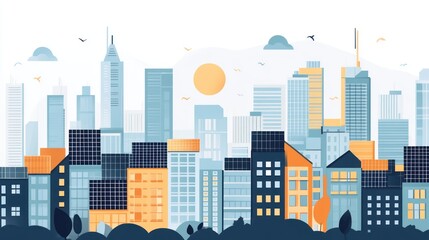 Obraz premium A city skyline dotted with buildings featuring rooftop solar panels, highlighting renewable energy in urban spaces