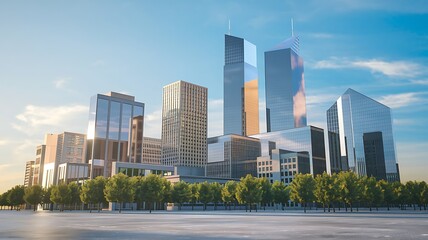 Modern city skyline sunrise, urban park, business district, cityscape illustration, real estate