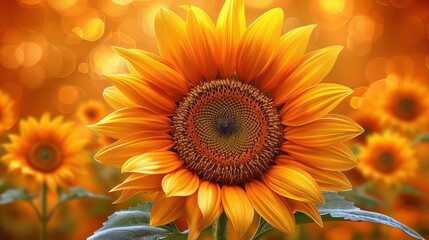 Fototapeta premium A vibrant sunflower in focus, surrounded by a warm, blurred background of more sunflowers.