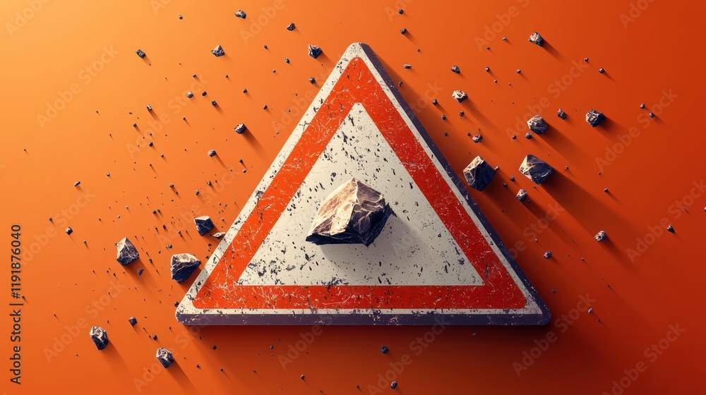 Poster grungy warning triangle sign with rocks.