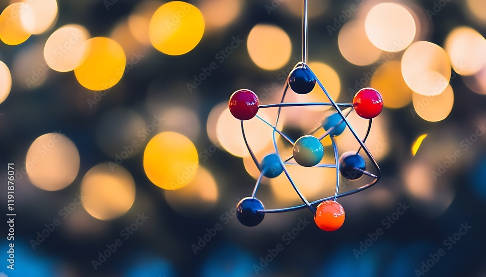 Poster abstract molecular structure with colorful spheres and bokeh lights