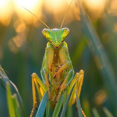 Green praying mantis on grass, sunset light.