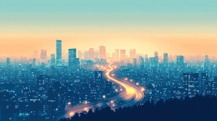 Obraz premium Cityscape at dawn, highway curving through metropolis.