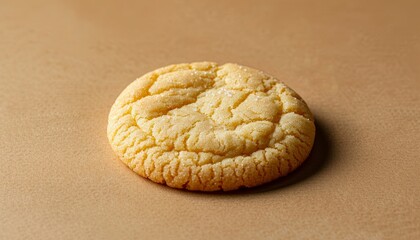 A single, round sugar cookie with a light brown crust and a slight sheen. It is sitting on a brown surface.