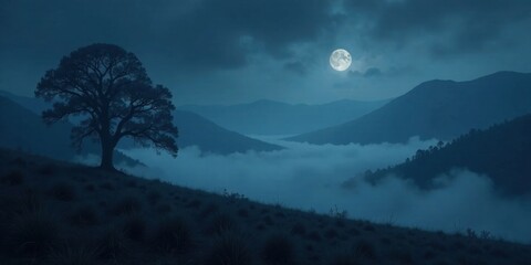 Fototapeta premium Serene Nighttime Landscape Featuring a Lone Tree on a Hillside, Misty Valley, and a Full Moon in the Sky
