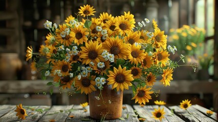A vibrant bouquet of sunflowers and small flowers in a rustic setting.