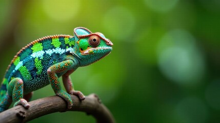Fototapeta premium A vibrant chameleon perched on a branch, showcasing its intricate scales and striking colors against a softly blurred green background.