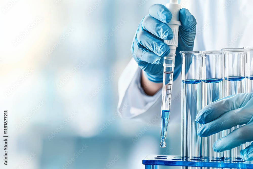 Poster scientist using pipette to transfer blue liquid into test tubes in a laboratory setting for research