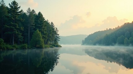 Fototapeta premium Serene Sunrise over Misty Lake with Evergreen Trees Reflected in Calm Water