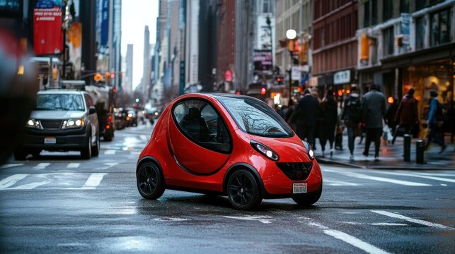 A compact hydrogen-powered microcar navigating a crowded urban street with agility and zero emissions