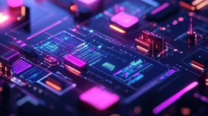Obraz premium Abstract digital circuit board with glowing neon lights.