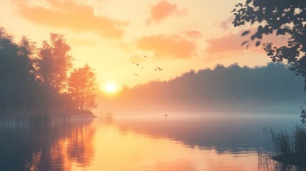 Fototapeta premium Serene sunset over calm lake with lone kayaker.