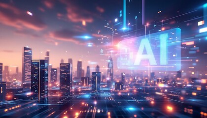 AI city skyline, futuristic technology, digital transformation