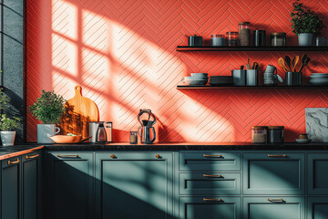 Dusty green kitchen cabinets with black countertop and shelf. Coral color herringbone tiled...