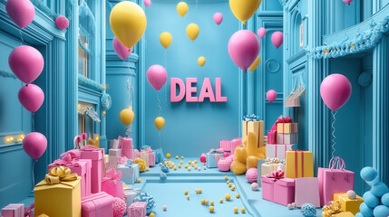 Deal shopping concept. Whimsical 3D scene with colorful balloons and festive gifts, creating joy