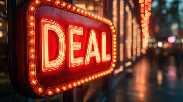 Deal shopping concept. Glowing DEAL sign illuminated at night, attracting attention in vibrant setting
