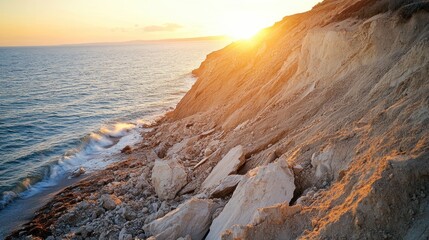 Golden Sunset Over Coastal Cliffs and Ocean Waves