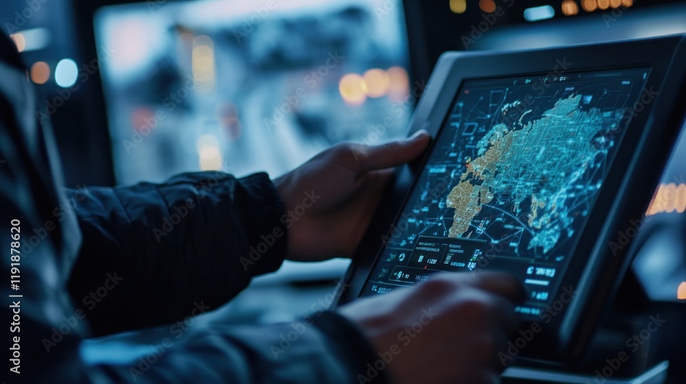 Poster person using a tablet displaying a tactical map.