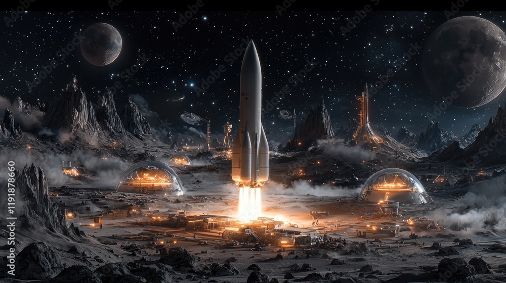 Aufkleber a futuristic rocket launches from a desolate moon surface, surrounded by distant planets and structu