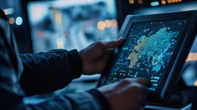 Person using a tablet displaying a tactical map.