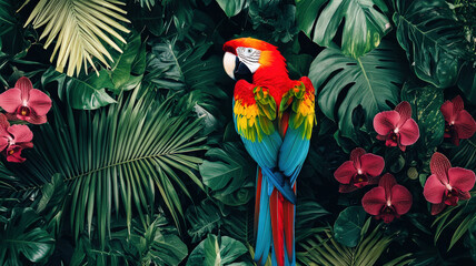 Obraz premium Vibrant jungle-themed wallpaper featuring vivid parrots, lush tropical foliage, and colorful orchids, bringing an exotic, lively atmosphere to any space with rich, natural hues. 