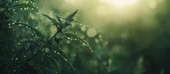 Naklejka premium Dew-covered plant in sunlit forest.
