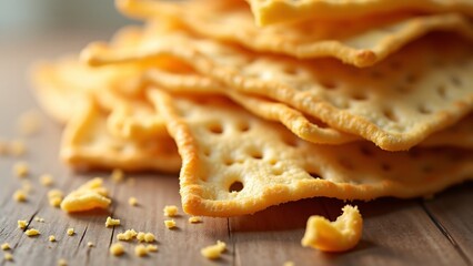 A close-up shot of crispy matzá, showcasing its textured surface and perforations, illuminated by soft natural light for a rustic, authentic feel.