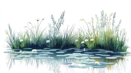 Water lilies and grasses on calm water.