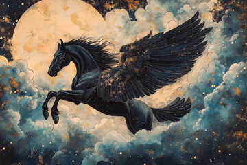 A fantastical scene with a black horse adorned with majestic wings, soaring through a dreamlike landscape with clouds and celestial elements