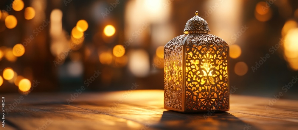Poster illuminated lantern on wooden table with bokeh background.