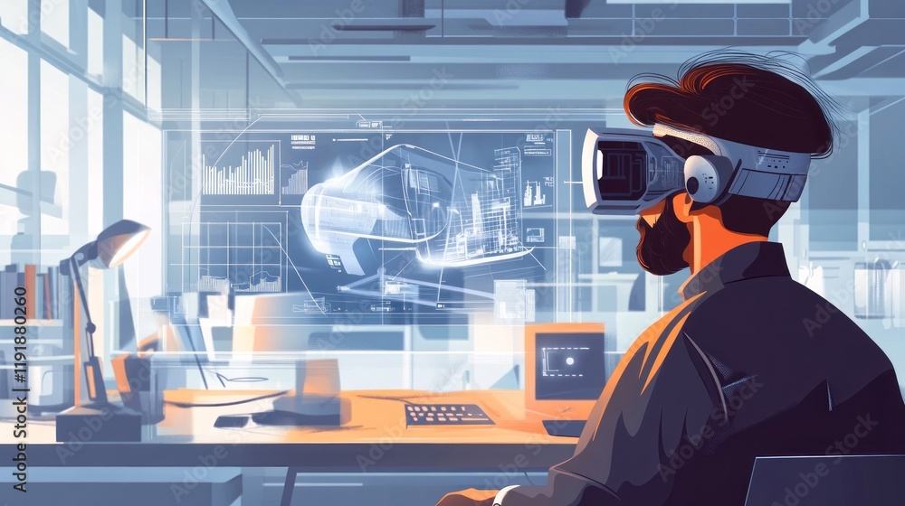 Poster man using vr headset, designing in virtual space.