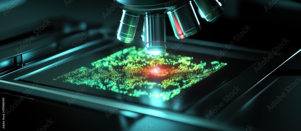 Poster microscopic view of a sample illuminated with a laser beam.