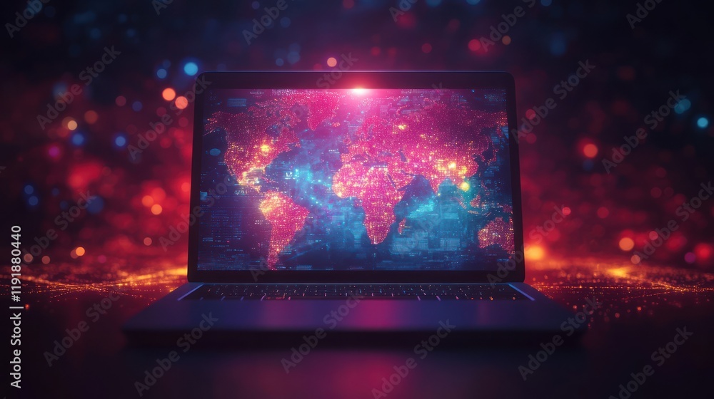 Poster global network map displayed on laptop screen with bokeh background.