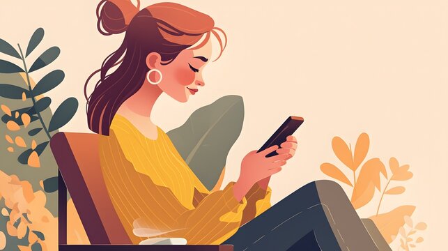 A young adult woman sitting on a chair, holding a smartphone, engaging with technology while working remotely.