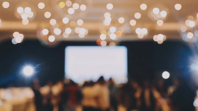 Blurred Background. Many people are sitting in the hall audience listening to presentation lecture speech at forum or conference. Neon lights