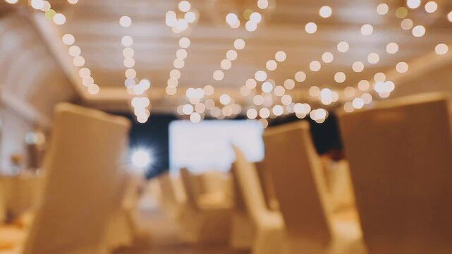 Blurred Background. Many people are sitting in the hall audience listening to presentation lecture speech at forum or conference. Neon lights